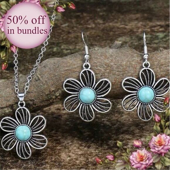 Faux Turquoise Floral Earrings & Necklace Set in vintage bohemian style - Picture 12 of 13